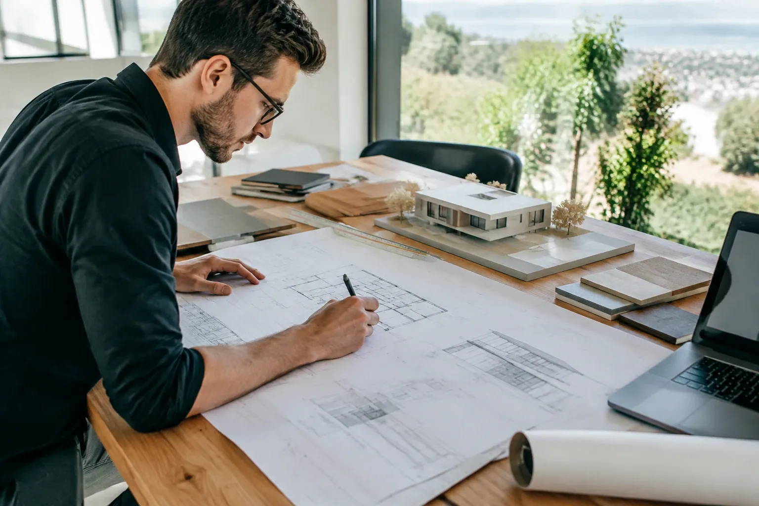 Architekt zeichnet Grundriss am Tisch mit Gebäude-Modell und Laptop nebenan