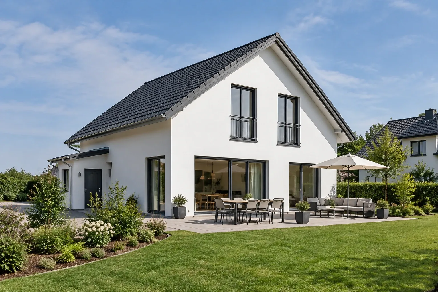 Weißes zweistöckiges Fertighaus mit großer Terrasse, Gartenmöbeln und Sonnenschirm