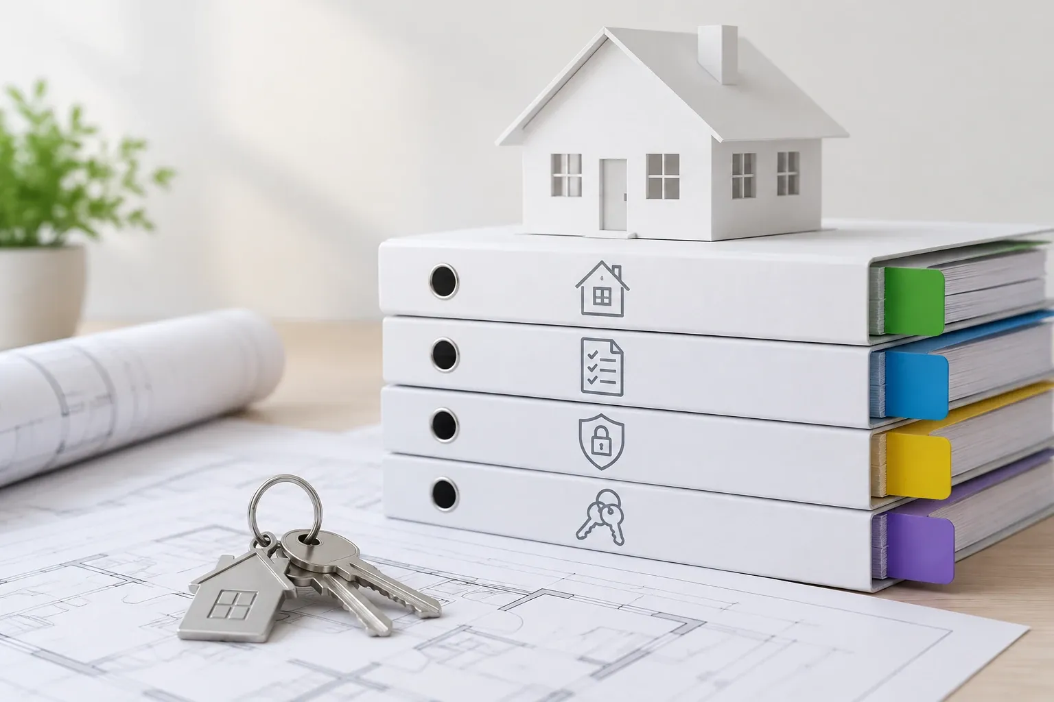 Weißes Papiermodell eines Hauses auf einem Stapel Akten mit bunten Registerlaschen, davor ein Schlüsselbund auf Bauplänen