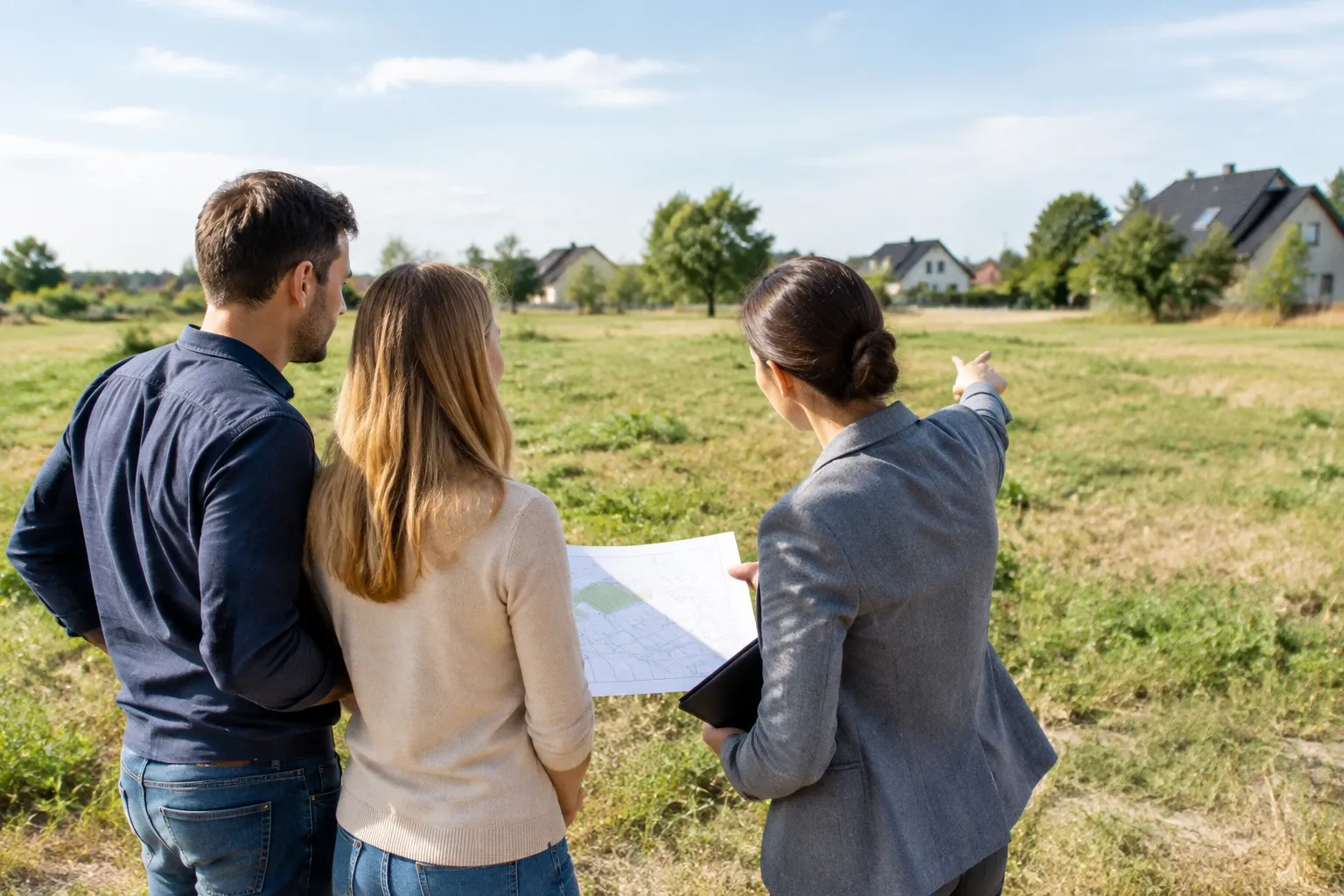 Maklerin zeigt Paar ein offenes Baugrundstück, hält Lageplan, Sommerlicht