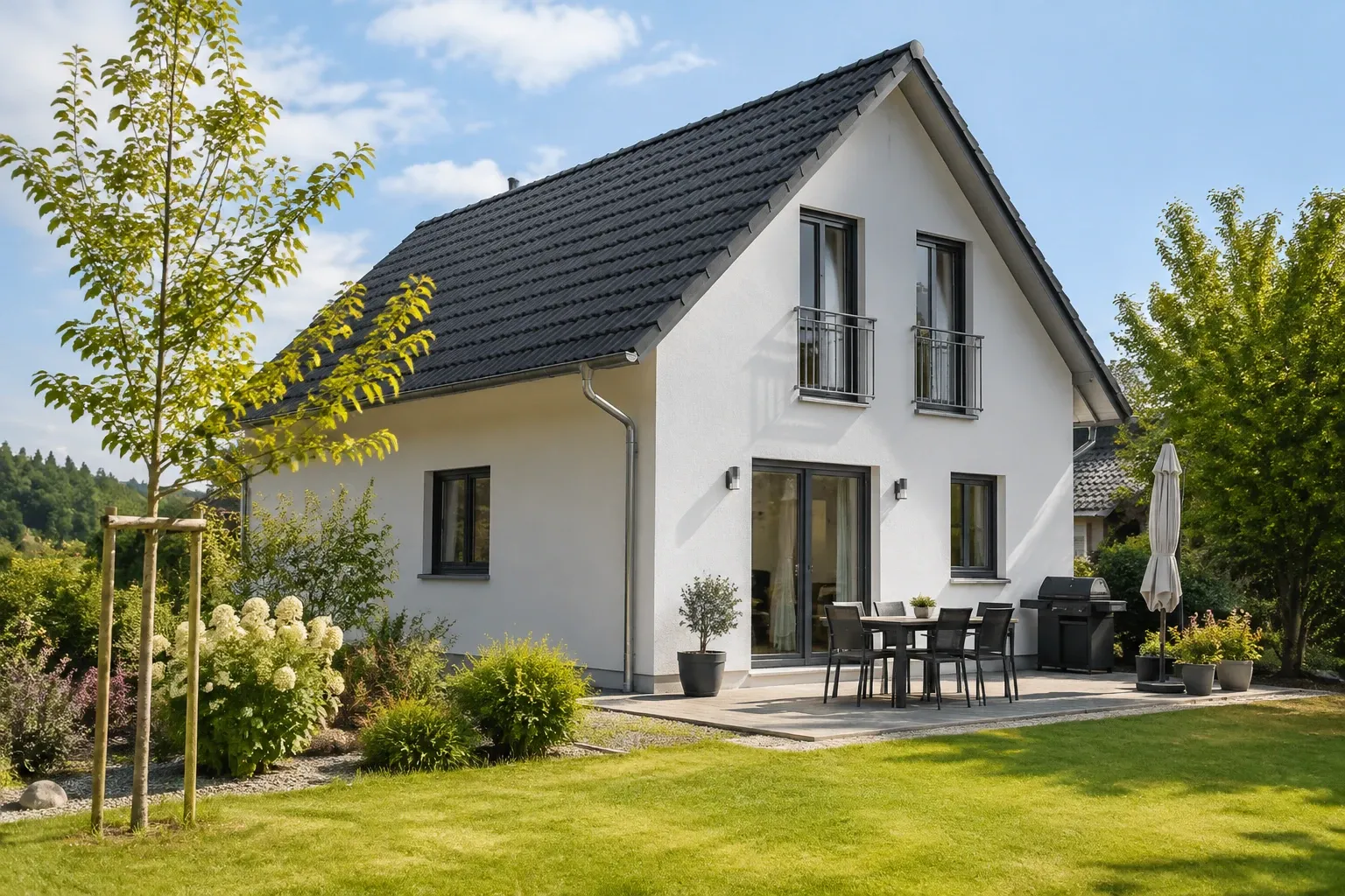 Weißes Einfamilienhaus mit Terrasse, Gartentisch, Stühlen und gepflegtem Rasen