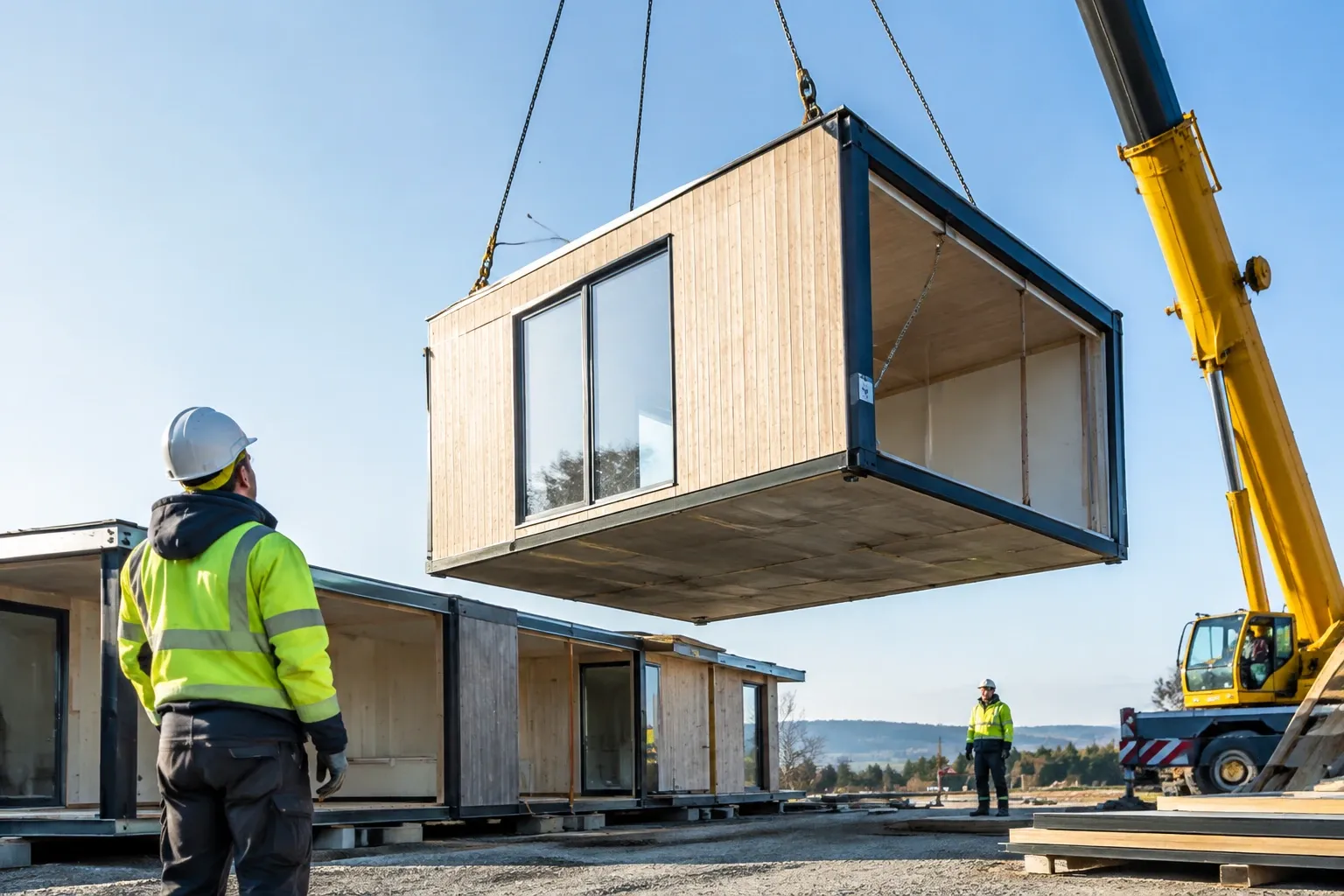 Bauarbeiter beobachten Kran, der vorgefertigtes Holzmodul mit Schiebetür aufstellt auf Baustelle