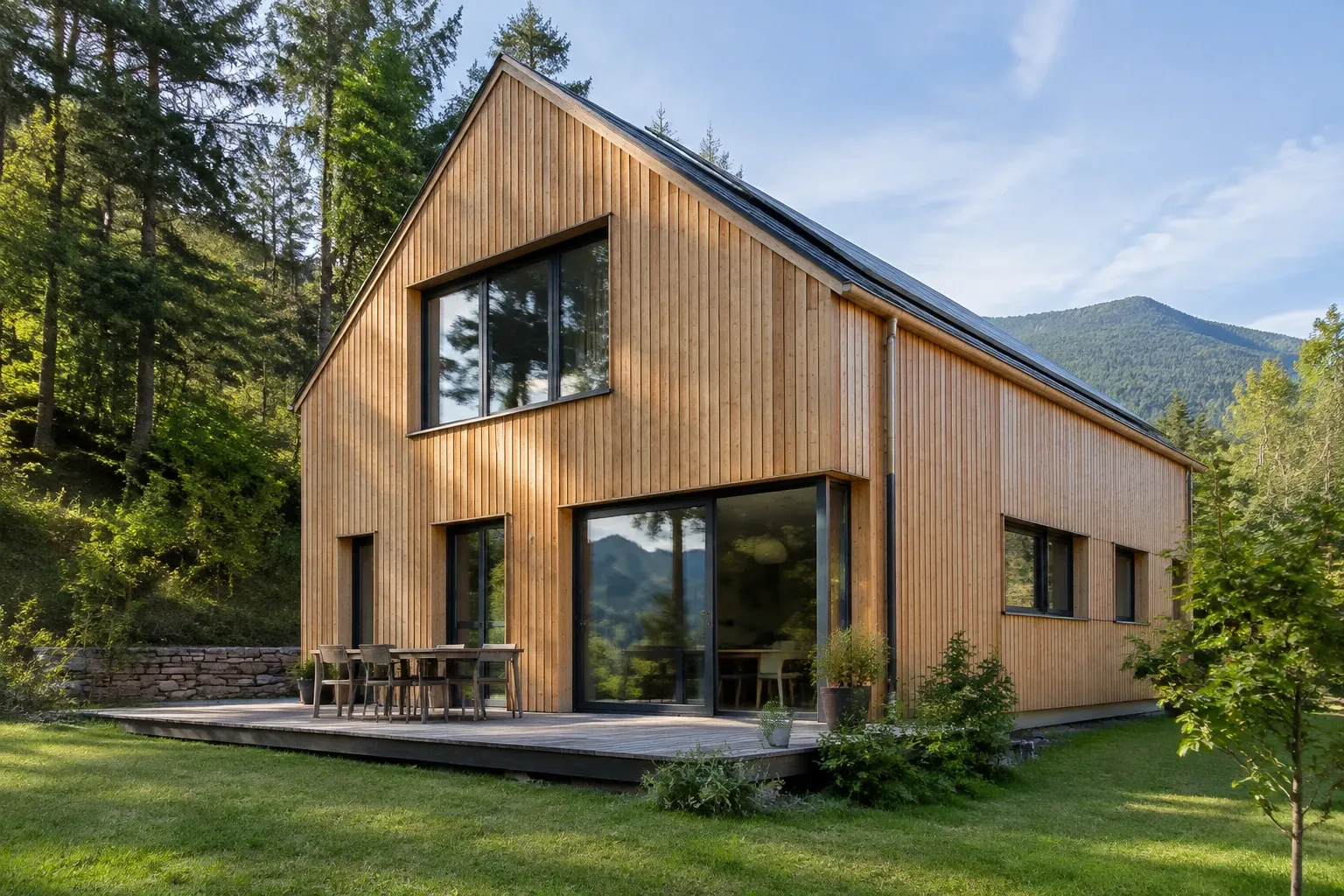 Zweistöckiges Holzhaus mit großer Glasfront, Terrasse, umgeben von Wiesen und Tannen