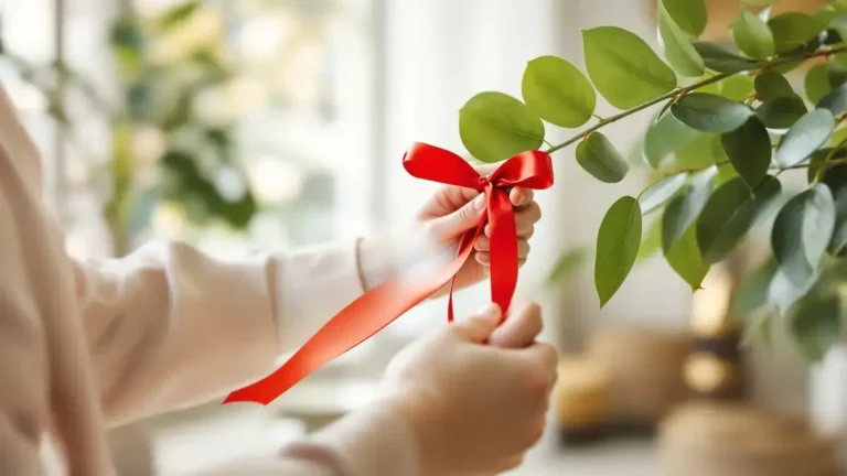Ein rotes Band an einen Lorbeer binden: eine Feng-Shui-Praxis voller Bedeutung und Symbolik