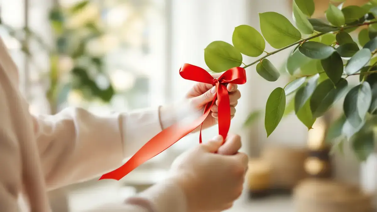 Ein rotes Band an einen Lorbeer binden: eine Feng-Shui-Praxis voller Bedeutung und Symbolik